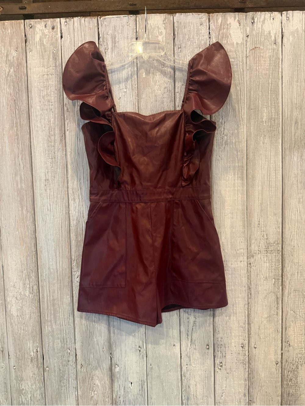 Day + Moon Burgundy Faux Leather Ruffle-Shoulder Romper